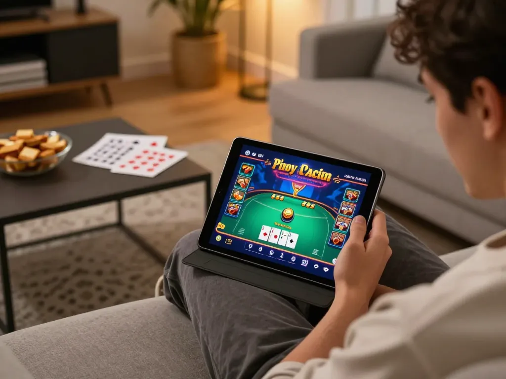 Engaging in a Pinoy Casino Game on a tablet in a cozy home setting with strategy notes visible.