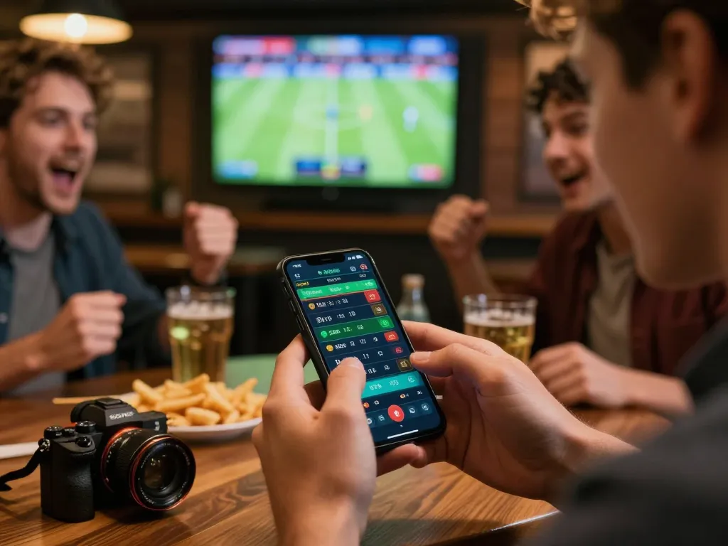 Betting on football matches with a smartphone showcasing живойผลบอล and live odds in a lively sports bar environment.