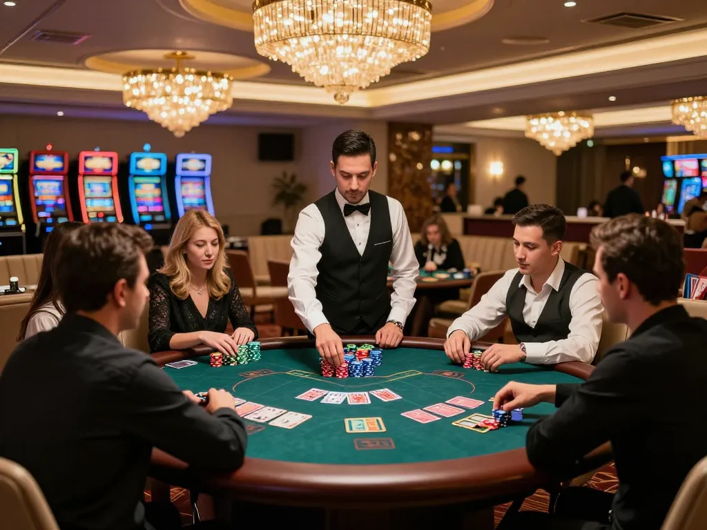 79KING players enjoying an intense poker game with colorful chips and cards in an upscale casino