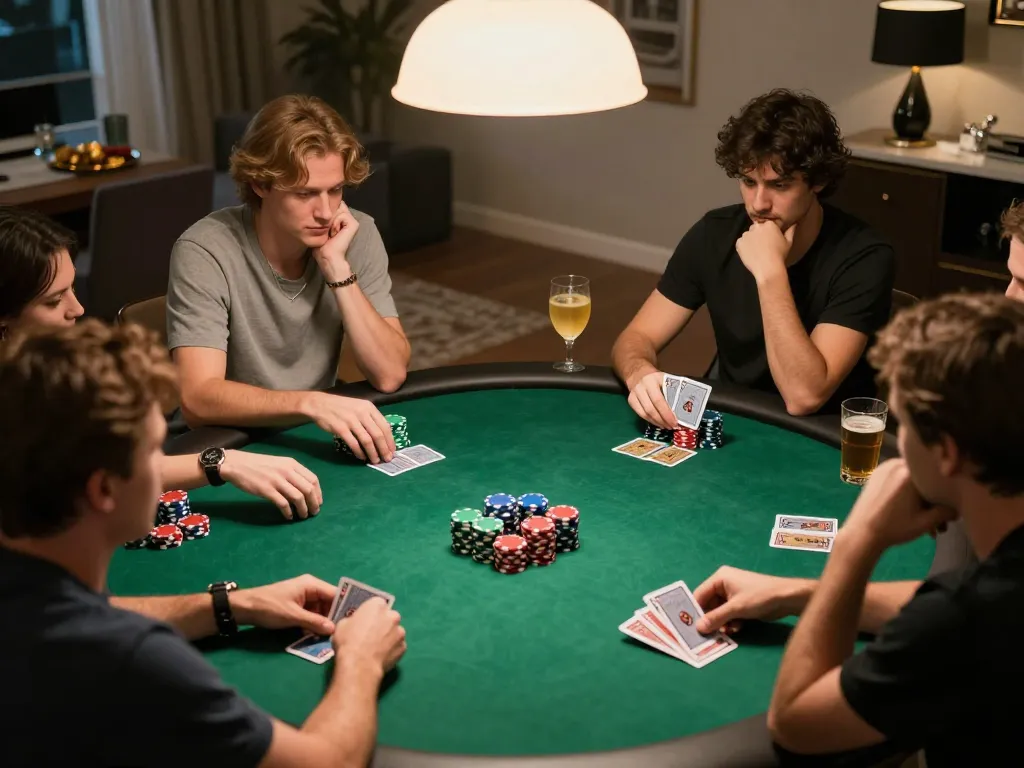 Players enjoying an engaging game of poker at home with chips and cards, O8 atmosphere