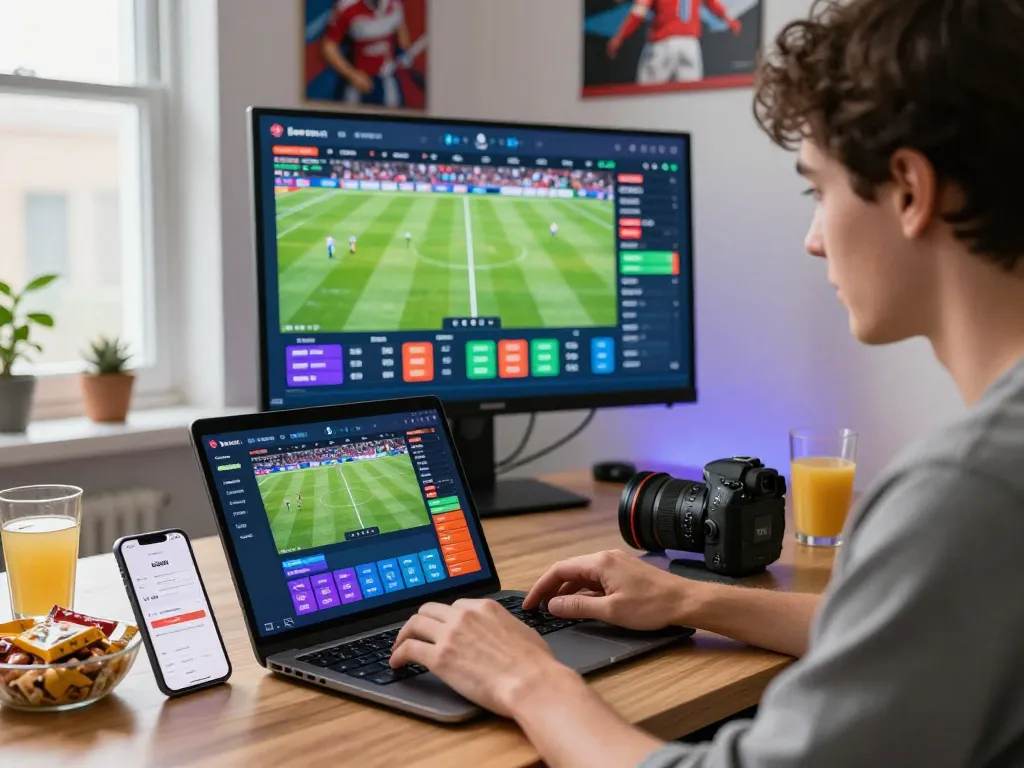 Kèo nhà cái live betting interface with user checking odds and game updates in a vibrant home office