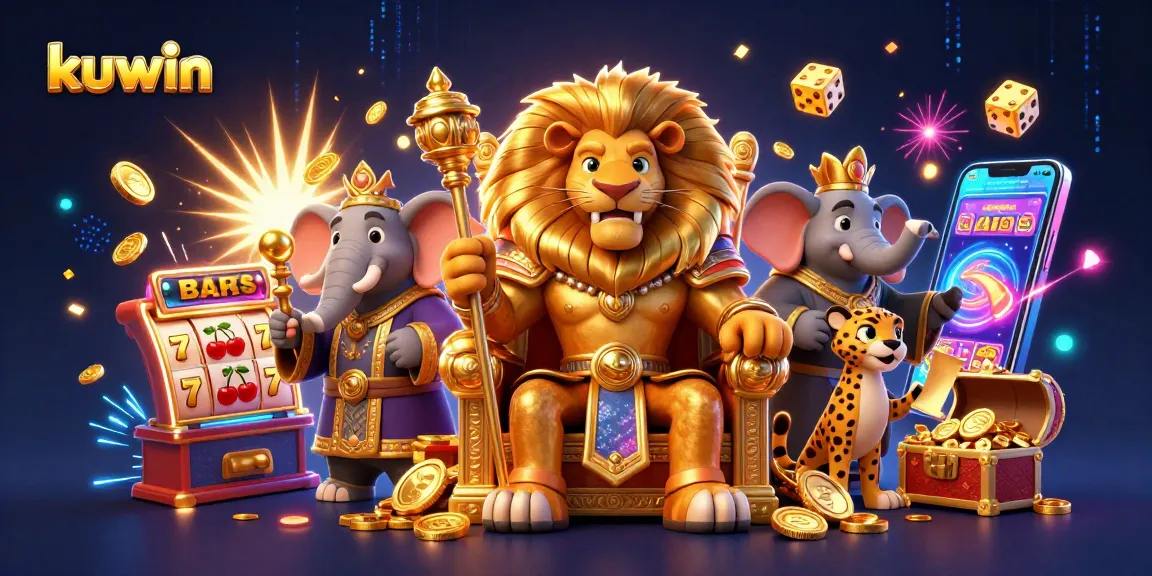 Kuwin's vibrant 3D scene showcases a fierce lion king and lively casino elements in action.