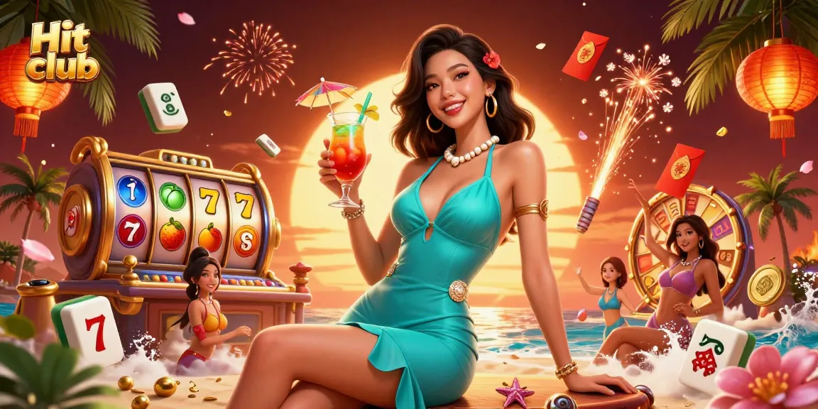 Hit club illustration featuring an Asian woman in a tropical casino environment, highlighting slot reels and vibrant symbols.