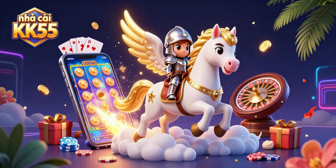 Engage with nhà cái KK55's vibrant 3D scene featuring a celestial horse, dynamic slots, and gaming elements.