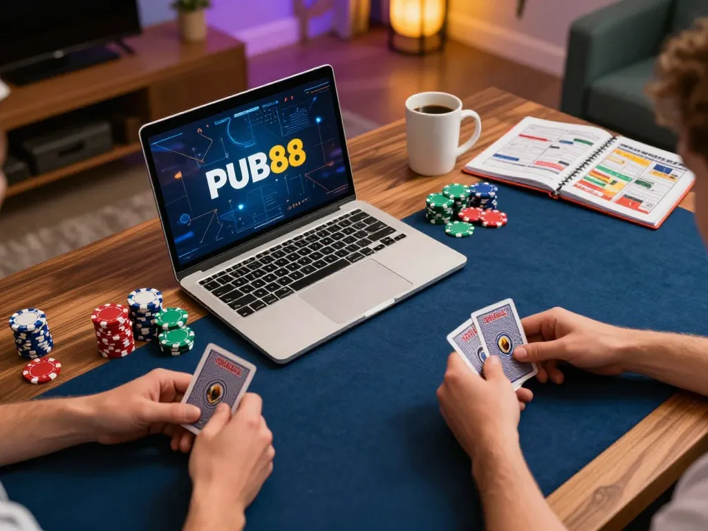 Play intense online poker with PUB88, showcasing strategy and excitement in a cozy setting.