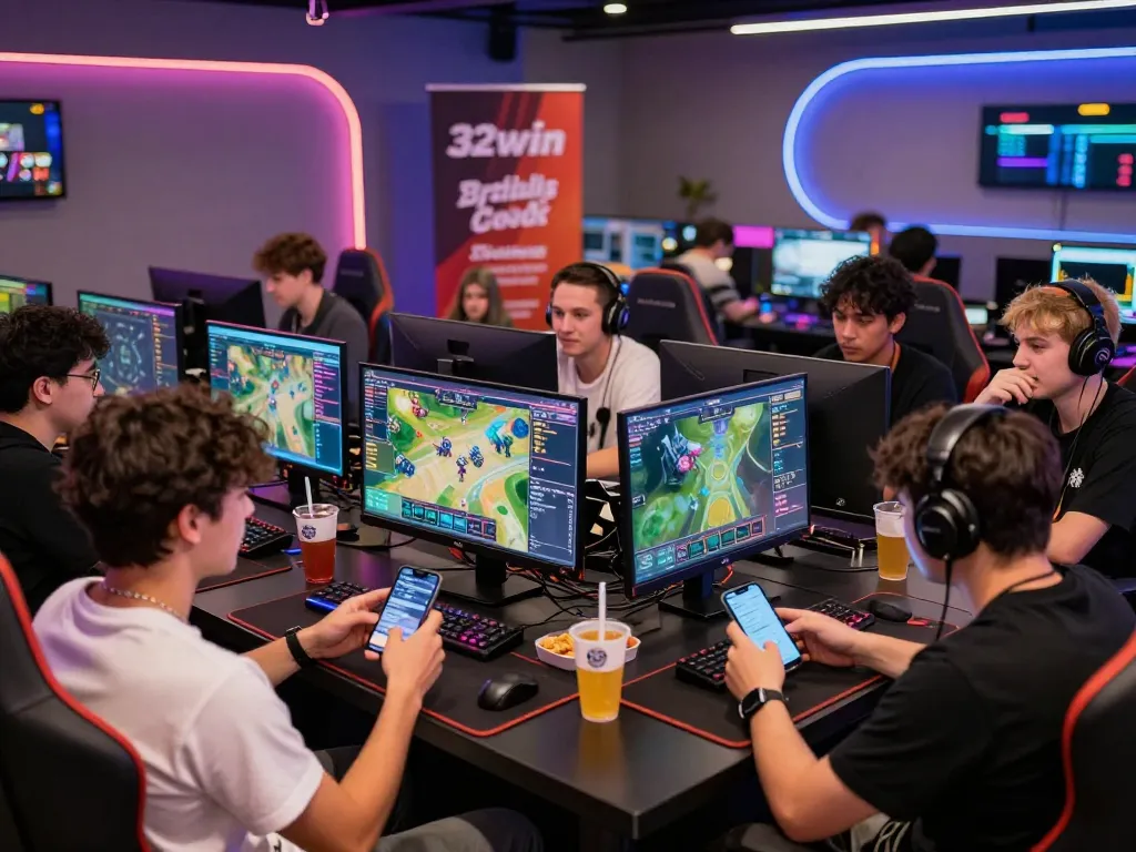Players engaging in strategy and excitement at 32win gaming lounge with high-tech displays and lively atmosphere.