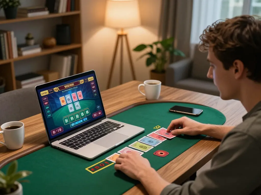 Player strategizing in SC88 online blackjack game on laptop in cozy home setting