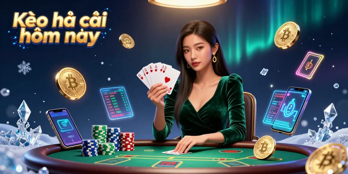Kèo nhà cái hôm nay poker scene with an Asian woman at a luxury table, holding cards, surrounded by crypto elements.