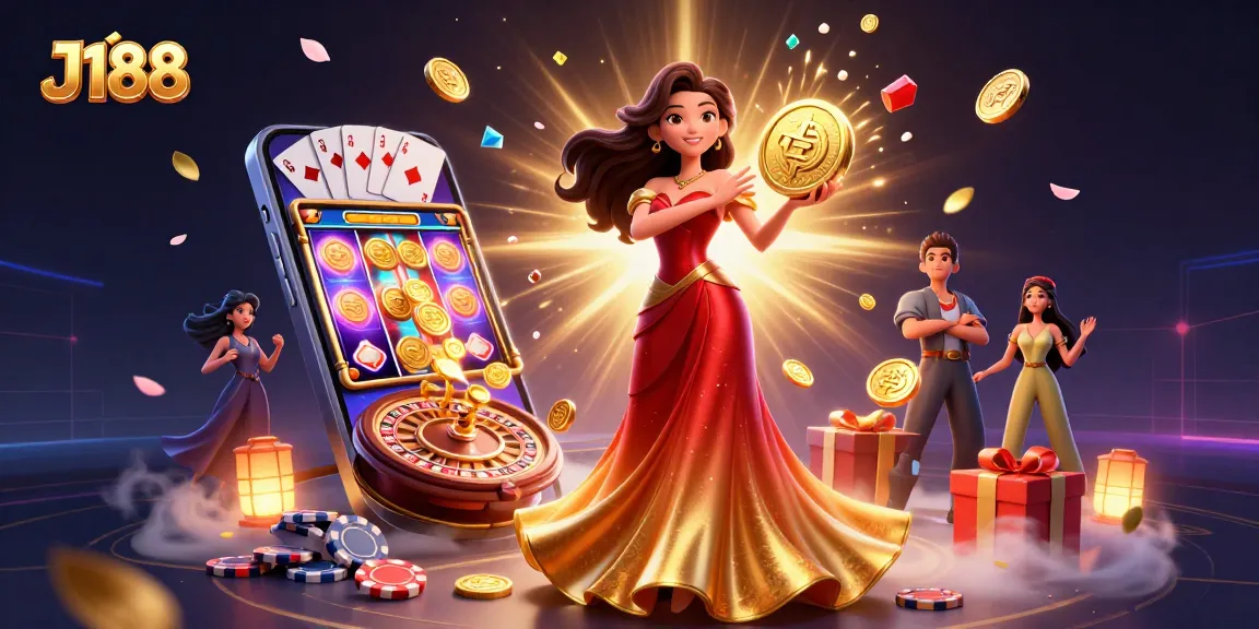 Experience thrilling wins at J188 with a stunning illustration of vibrant gaming elements and a powerful symbol of luck.