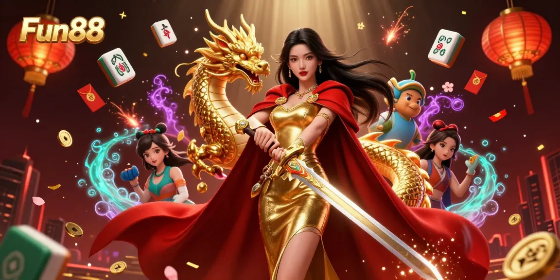 Engage with exhilarating Fun88 gaming experiences featuring an Asian warrior queen and dynamic casino elements.