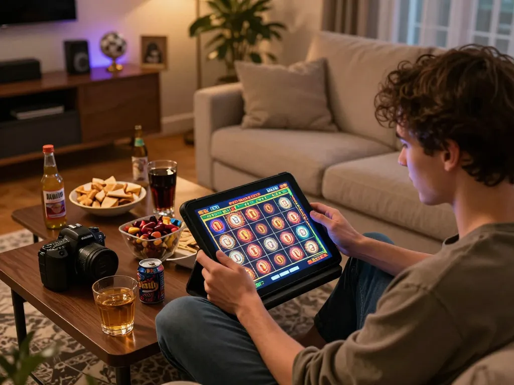 Player enjoying a winning moment with 28bet8 on their tablet in a cozy home setting.