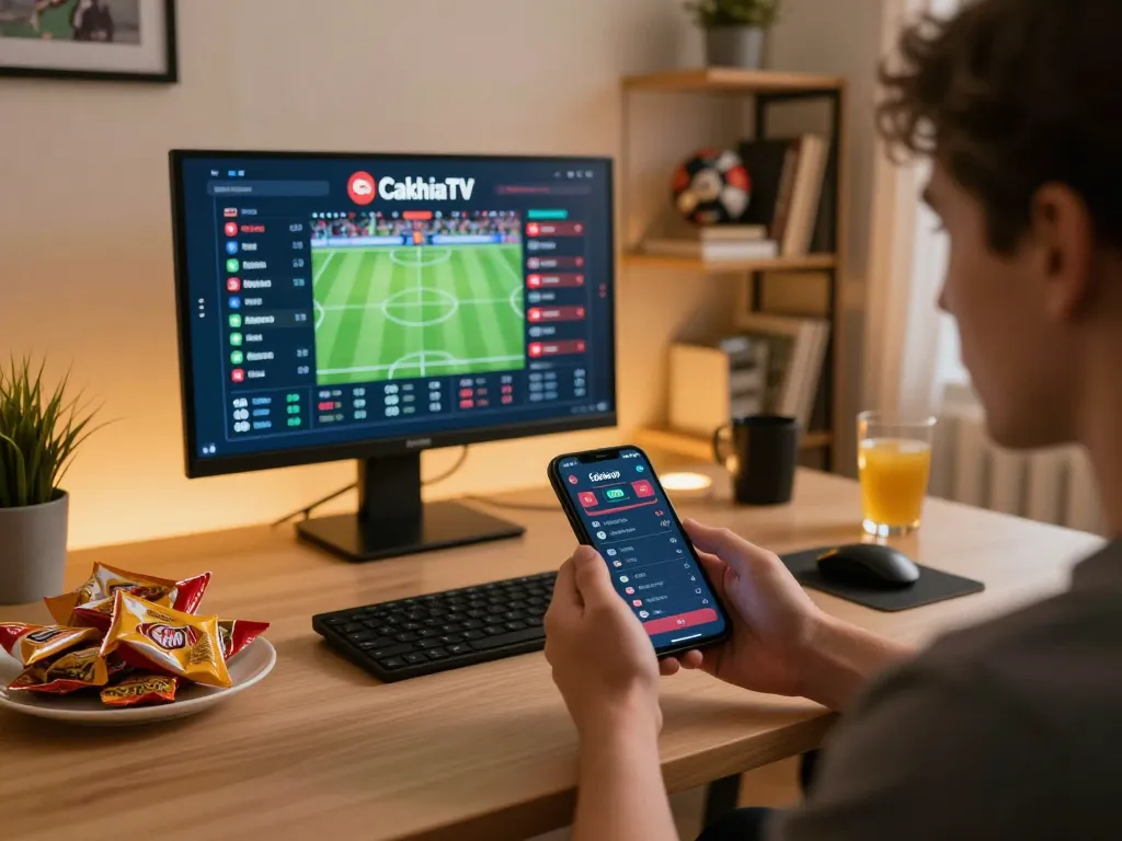CakhiaTV user placing live sports bets using a smartphone in a cozy home setting