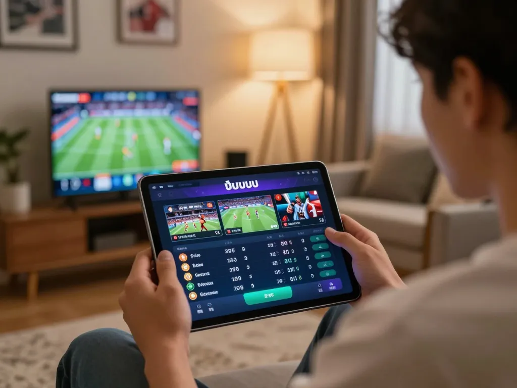 Engaging in แทงบอล via a tablet in a stylish home sportsbook setting.