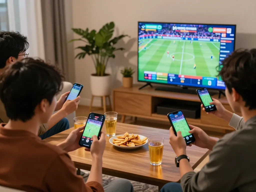 Friends using FUN79 betting apps while engaging in an exciting live sports game from home.