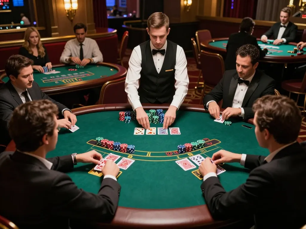 MM88 players engaged in high-stakes blackjack game, showcasing intense strategy and casino atmosphere.