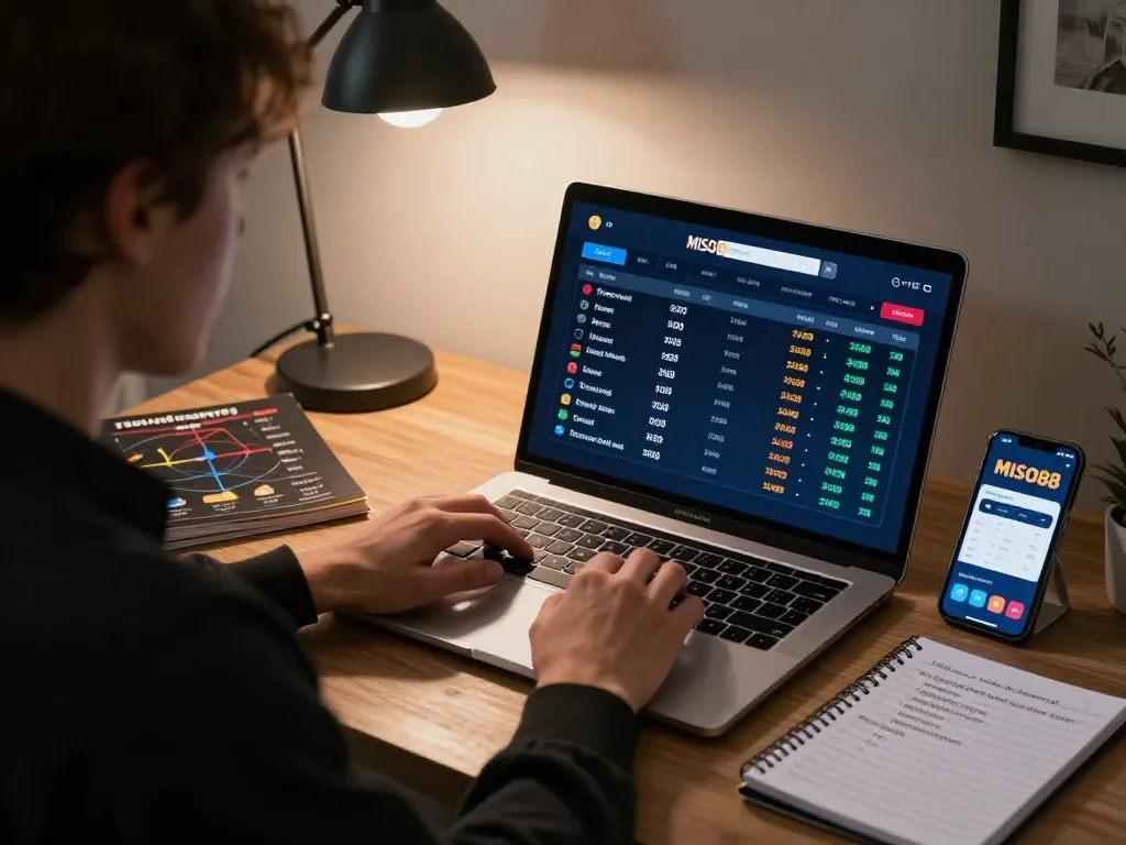 MISO88 online sports betting session, engaging laptop screen showing live odds and strategic notes for responsible gambling.
