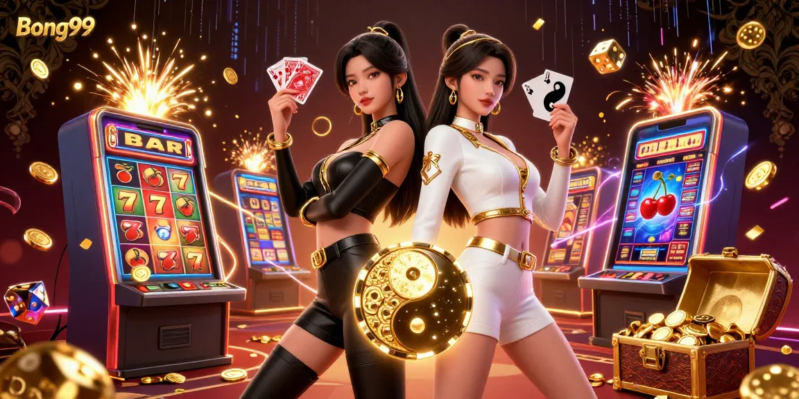 Bong99 promotes thrilling casino gaming with twin Asian women holding playing cards amidst dynamic jackpot visuals.