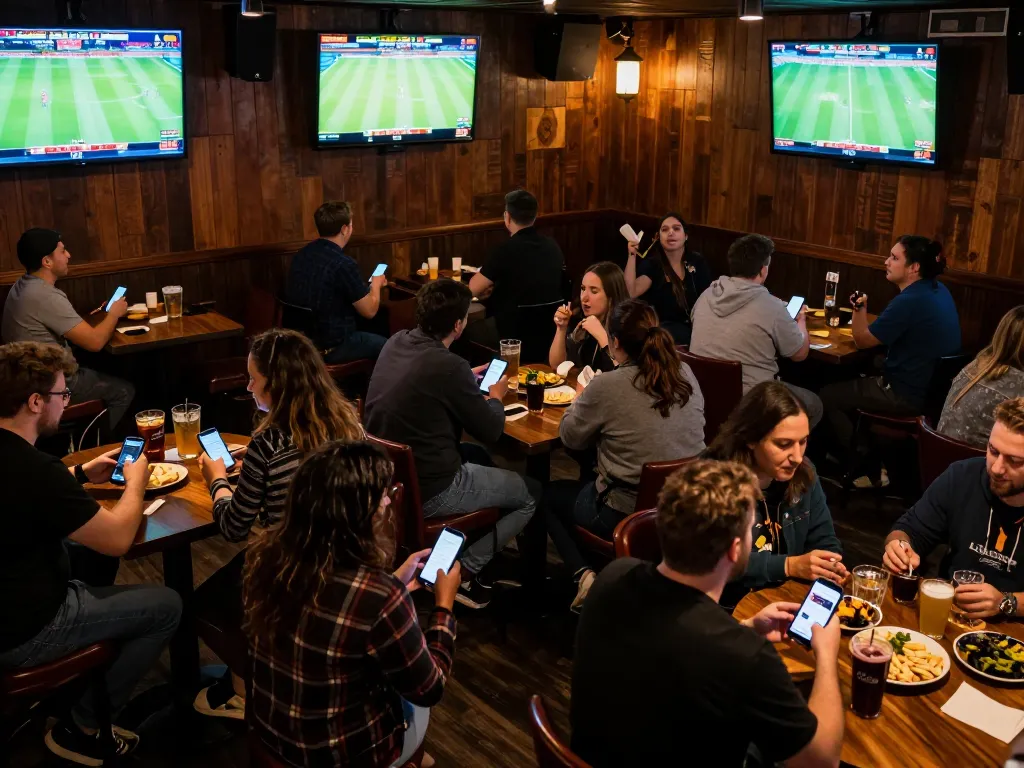 Patrons engaging in sports betting at a lively bar using the ko66 platform