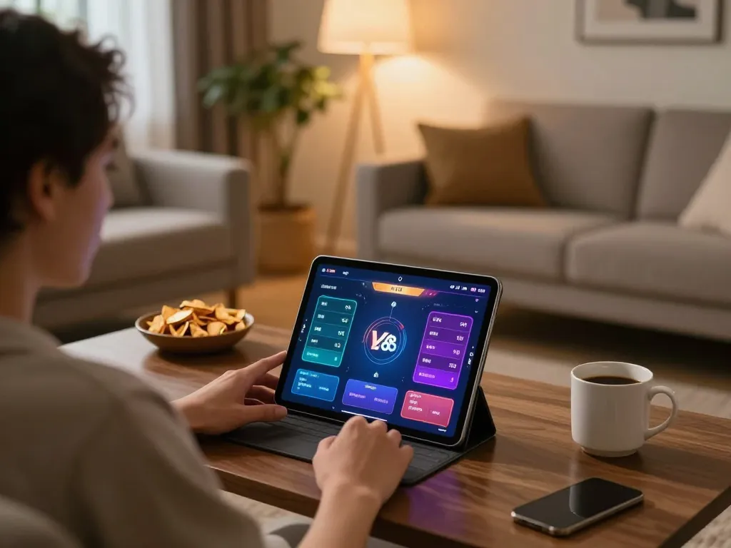 Engaging in LV88 bet on a tablet in a cozy home setting with a modern gaming atmosphere