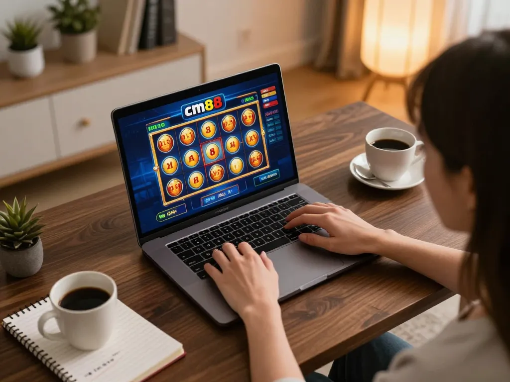 Player engaging with cm88 online slots game on laptop in a cozy home setup