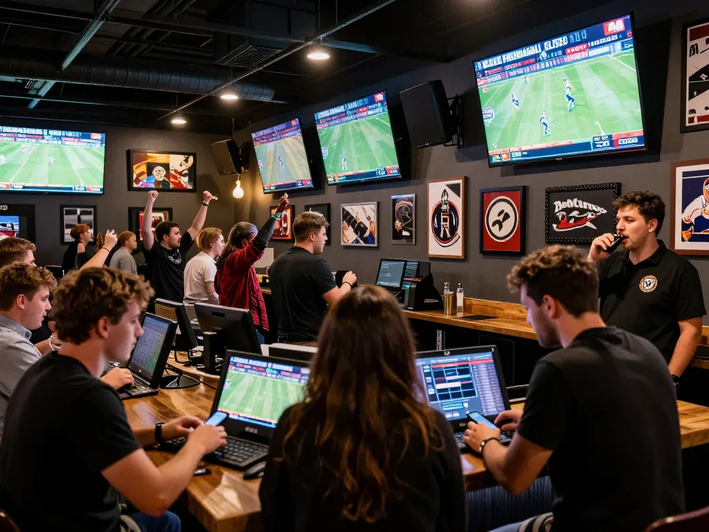 แทงบอลวันนี้ with enthusiastic fans at a vibrant sports betting arena, showcasing live matches and betting action