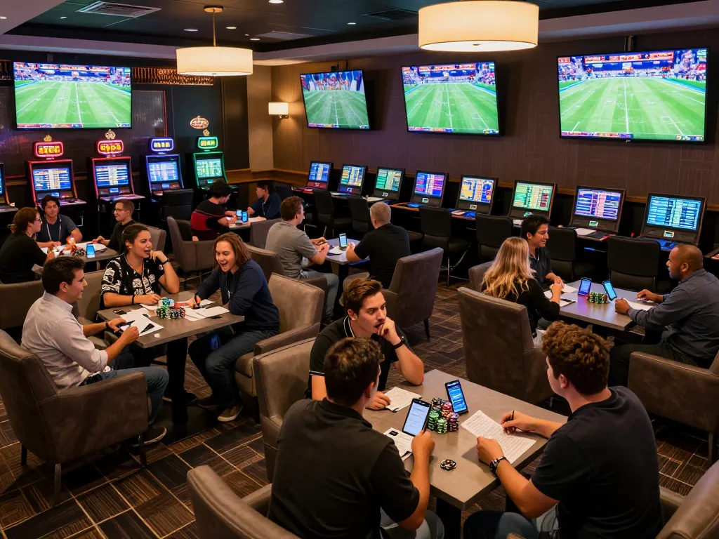 Betting excitement in sports lounge as bettors trackผลบอลสดวันนี้ and place bets