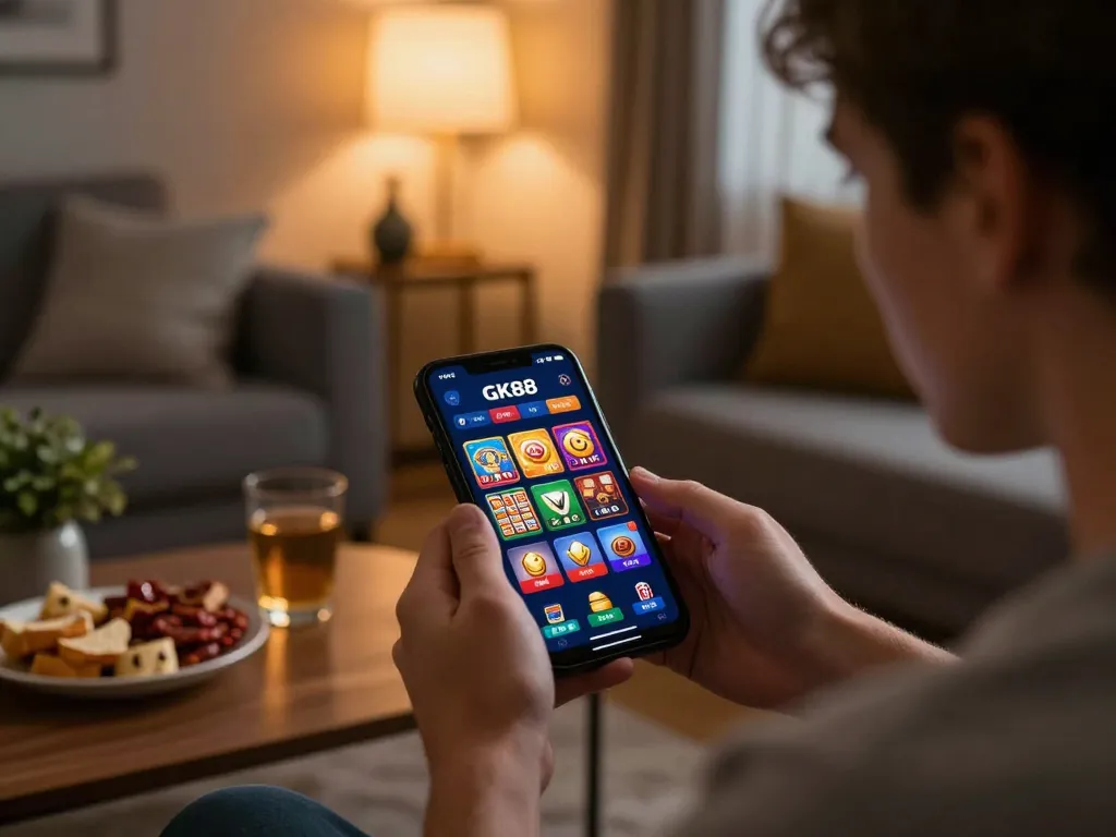 Player enjoying GK88 mobile casino app at home, engaging in strategic gameplay with snacks nearby.
