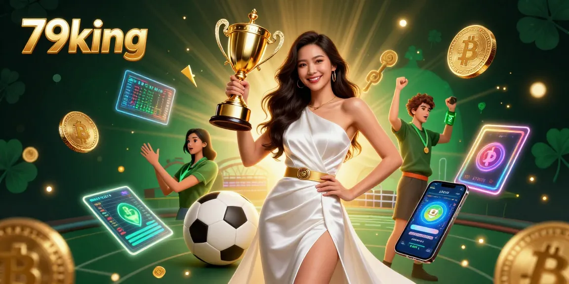 Join the excitement at 79king, where a stunning woman celebrates a betting victory amidst vibrant gaming elements.