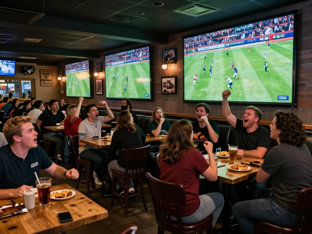 Excited fans watching ดูบอล in a lively sports bar, drinks and snacks adding to the celebration