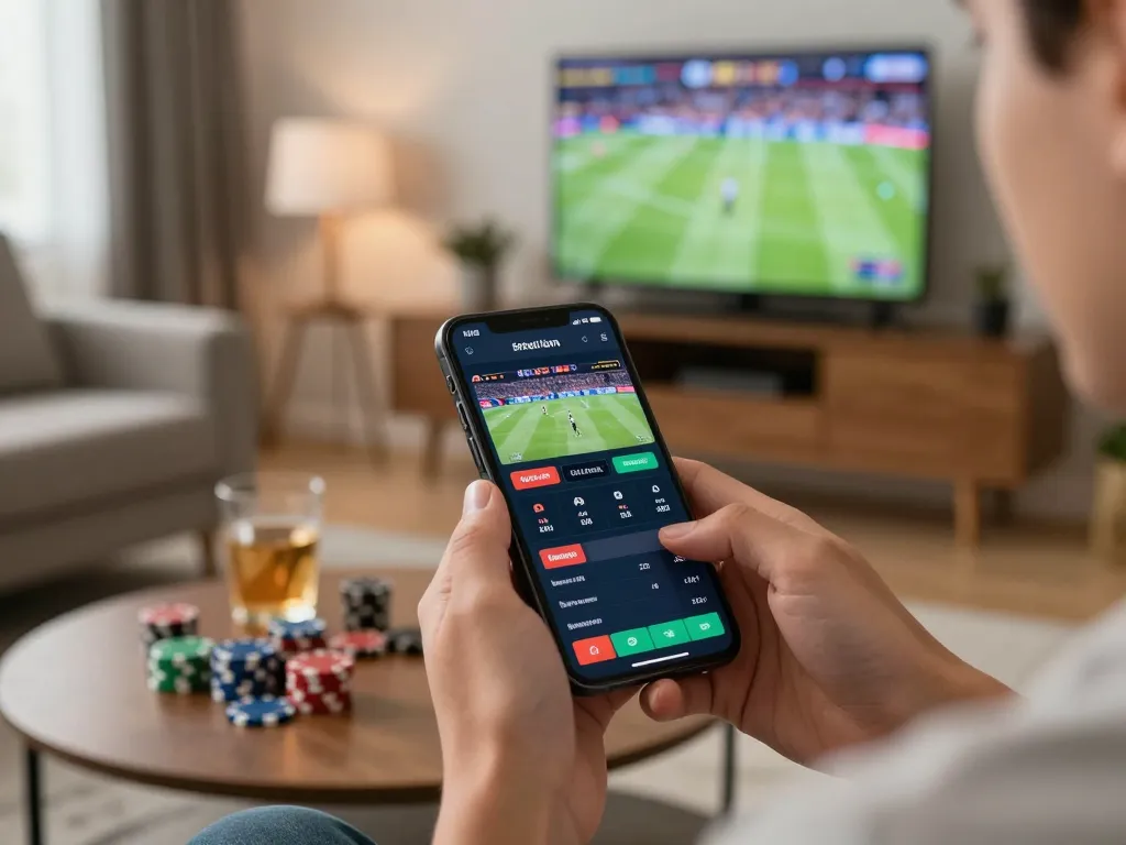 Engaging in live sports betting on a smartphone using debet app while enjoying a game in a cozy living room