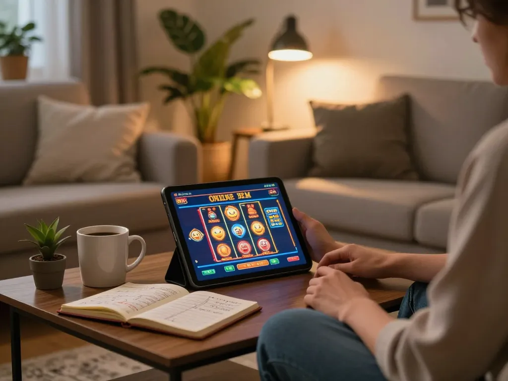 Engaging online gaming moment with MB88 on a tablet, highlighting cozy home atmosphere.