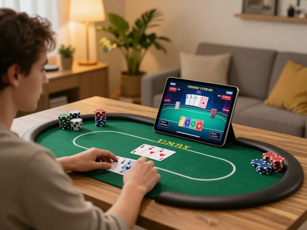 Luck8 user strategically placing bets during an online poker game from a cozy home environment.