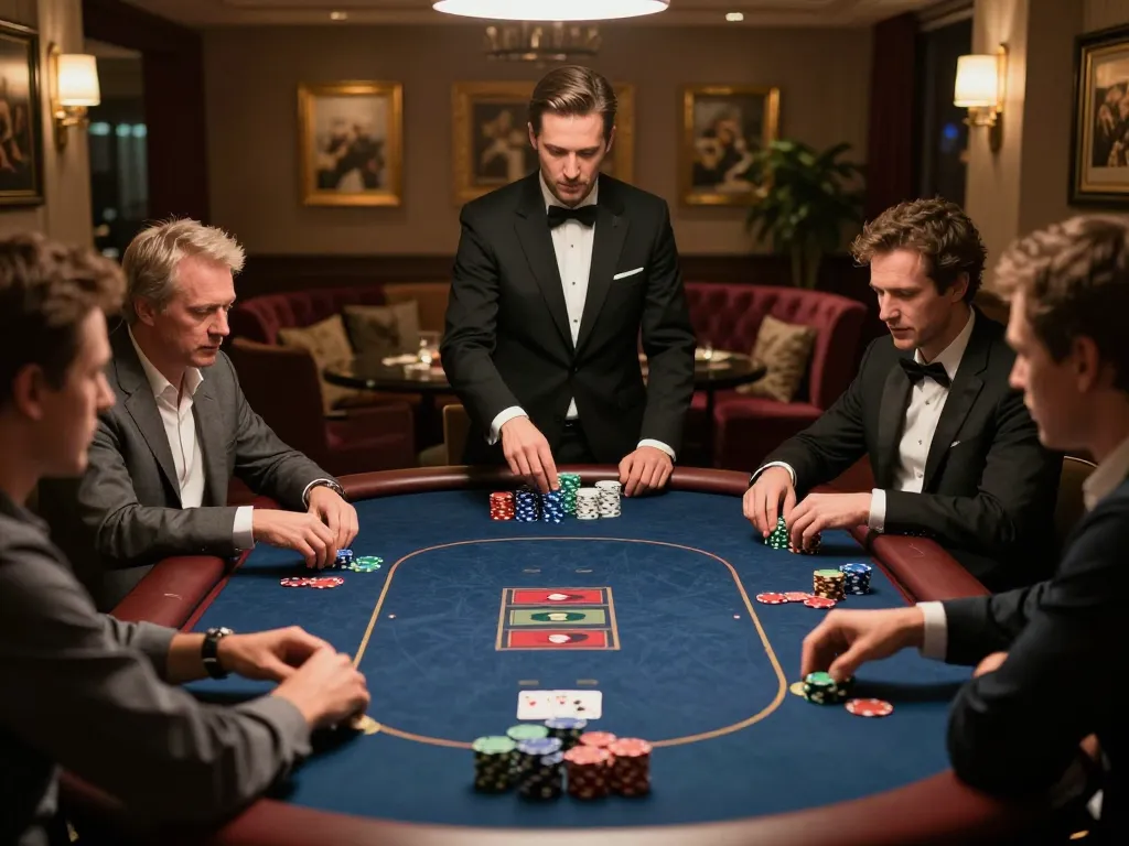 Players engaging in a high-stakes poker game featuring tr88 chips and strategic gameplay in an upscale atmosphere