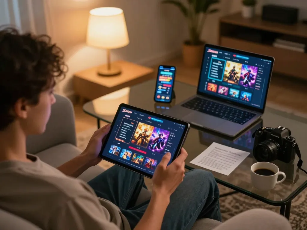 Player enjoying the sunwin casino app on a tablet, surrounded by strategic notes and comfortable home setup.