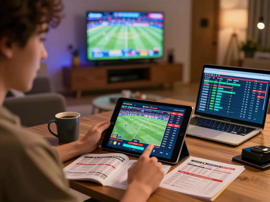 Engaging in sports betting on tablet with ga8888 sports interface among TV screens and guides