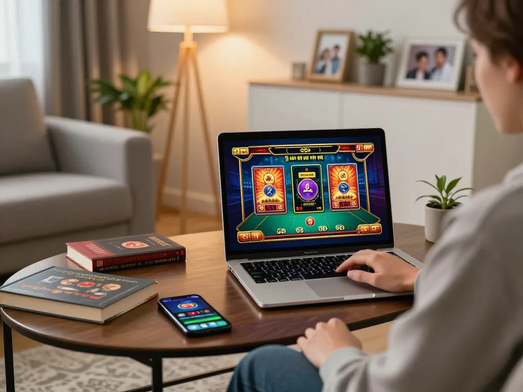 SV66 player engaging with online casino, laptop showing poker interface, cozy home setup, warm lighting.