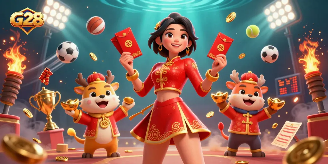 Experience the thrill of winning with G28, showcasing vibrant characters and sports elements in a dynamic casino scene.